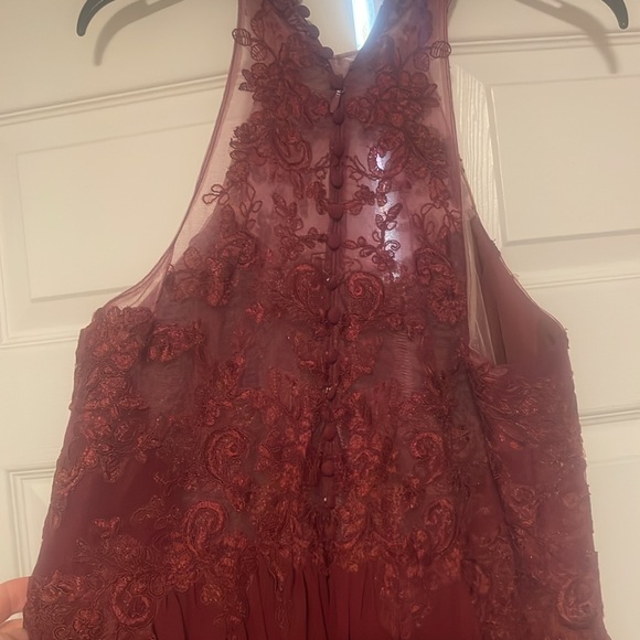 Halter top, floor length burgundy formal dress with buttoned back - Picture 4 of 5